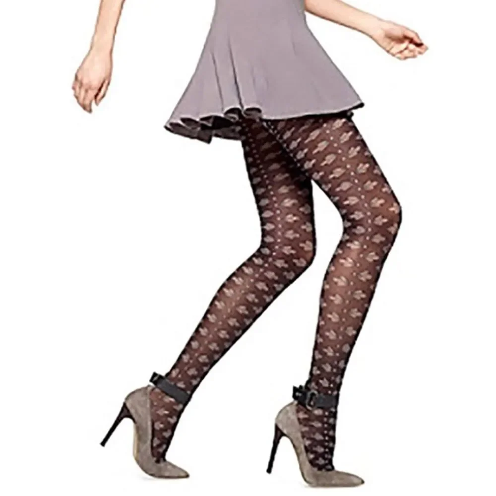 HUE Eyelet Cactus Print Tights S/M Black